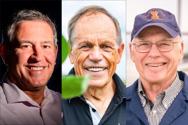 De izquierda a derecha, Carl Bernacchi, Stephen Long y Donald Ort, quienes describieron los numerosos enfoques probados en el campo y en el laboratorio para aumentar la resistencia de los cultivos en un mundo que se calienta. Crédito de las imágenes: Fred Zwicky y Craig Pessman