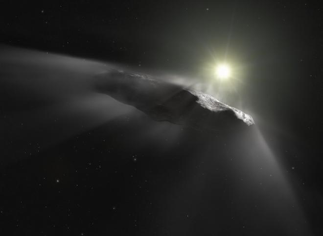 Ilustración sobre el cuerpo celeste alienígena 1I/ʻOumuamua, que surcó nuestro sistema solar en 2017. Crédito de la imagen: ESA