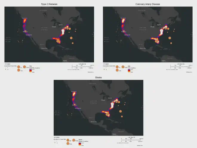 Mapas costeros. Los mapas muestran áreas brillantes a lo largo de la costa de Estados Unidos, lo que indica la prevalencia de la enfermedad coronaria, la diabetes tipo 2 y los accidentes cerebrovasculares en esas regiones. Las áreas más brillantes indican una mayor prevalencia de estos problemas de salud. El tamaño de las burbujas en el océano representa la cantidad de microplásticos presentes en muestras de agua recolectadas en esa zona entre 2015 y 2020. Copyright Journal of the American Heart Association