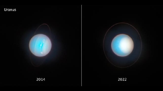 Estas imágenes de Urano, tomadas con ocho años de diferencia por el Telescopio Espacial Hubble de la NASA, muestran los cambios estacionales en la reflectividad del planeta. La imagen de la izquierda muestra el planeta siete años después de su equinoccio de primavera boreal, cuando el Sol brillaba justo por encima de su ecuador. La segunda foto, tomada seis años antes del solsticio de verano, muestra un casquete polar norte brillante y de gran tamaño. Crédito: NASA, ESA, STScI, A. Simon (NASA-GSFC), M. H. Wong (UC Berkeley), J. DePasquale (STScI)