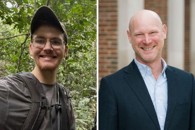 Luke Fannin, Guarini ’25, y Nathaniel Dominy, profesor de Antropología Charles Hansen. Crédito de la imagen: Universidad de Dartmouth