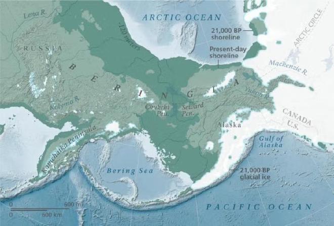 Mapa de un puente terrestre que conectaba la actual Rusia con Alaska hace aproximadamente 21.000 años. (Crédito: Servicio de Parques Nacionales de EE. UU.)