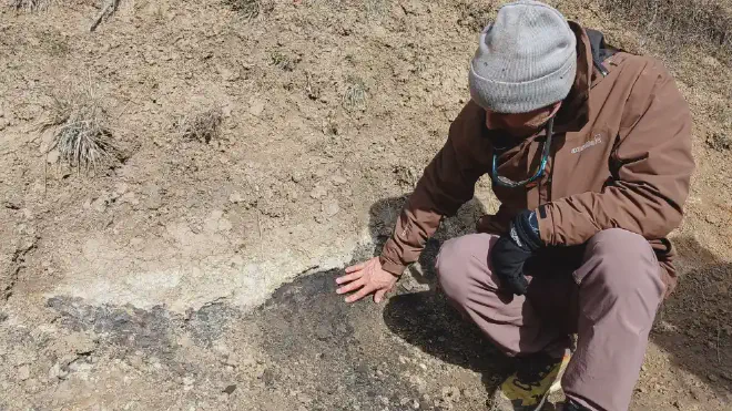 El investigador Gustavo Villarosa analiza las condiciones del suelo en la zona afectada por los incendios.