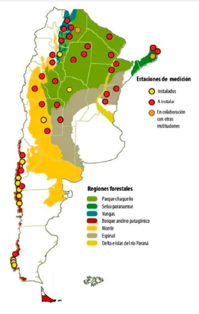 Regiones forestales de la República Argentina sobre las cuales se ilustra la ubicación de las estaciones de monitoreo. Crédito de la imagen: IMBIV