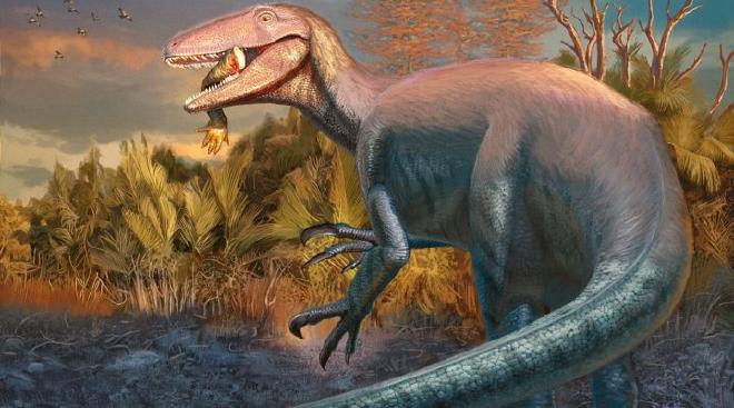 Reconstrucción artística del nuevo dinosaurio carnívoro Joaquinraptor casali. Ilustración de Andrew McAfee, Carnegie Museum of Natural History
