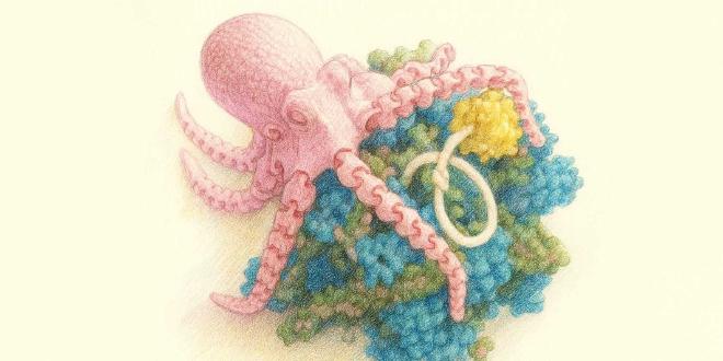 Como un pulpo: el complejo molecular NACA se asienta en el ribosoma (estructura azul-verde), extrae las enzimas necesarias (amarillas) del plasma celular y las entrega al lugar donde emerge el péptido recién formado (cadena blanca). (Gráfico generado por IA: Denis Yudin y Nenad Ban / ETH Zurich)