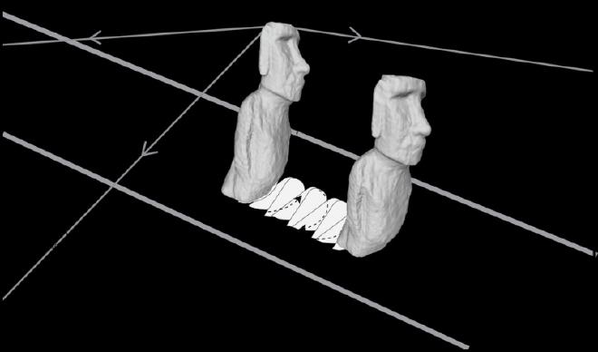 Este diagrama ilustra la técnica de &ldquo;caminar&rdquo;, mediante la cual los moáis se desplazaban por caminos preparados mediante tirones laterales alternados de cuerdas, manteniendo una inclinación hacia adelante de 5 a 15° respecto a la vertical. Crédito de la imagen: Carl Lipo.