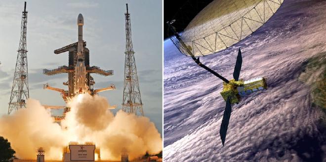 La misión de satélites NASA-ISRO SAR (NISAR) despegó recientemente desde la India, como se muestra en la imagen a la izquierda. A la derecha, el satélite desplegado se muestra sobre la costa occidental de Estados Unidos en una ilustración artística. Crédito: izquierda, ISRO; derecha, NASA/JPL-Caltech