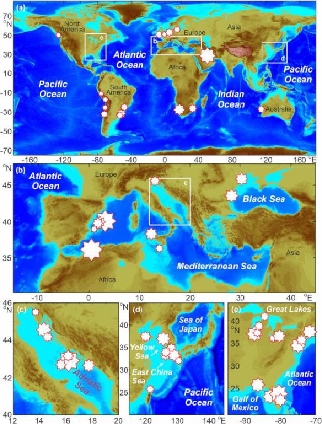 Mapa con ocurrencias conocidas de meteotsunamis. El tamaño de la estrella es proporcional a la intensidad del meteotsunami. Crédito: Vilibić et al. 2025